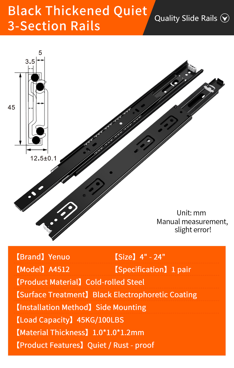 Full-Extension Side-Mount Drawer Slide - 12 Inch Ball Bearing Black Metal Rail