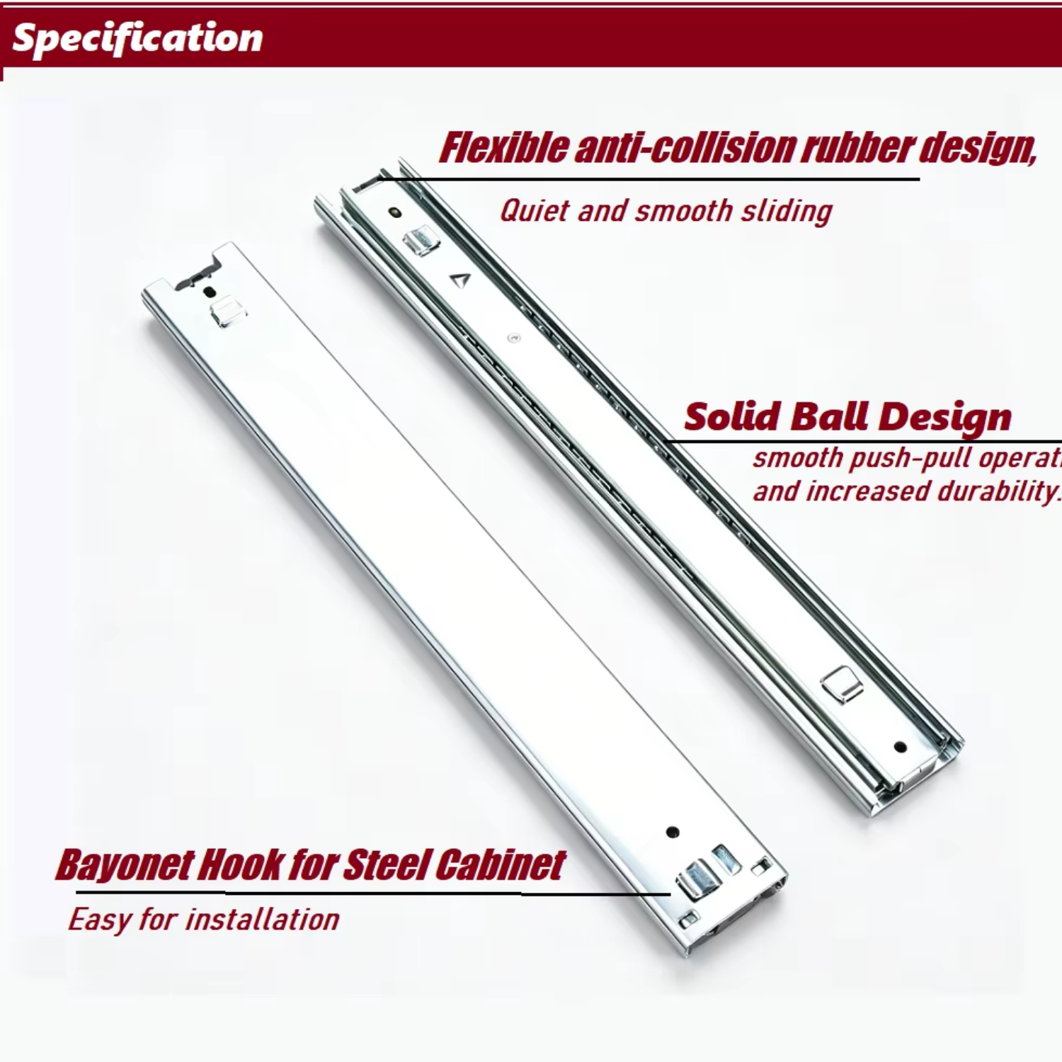 Steel Cabinet 45mm 100lbs Heavy Duty Full Extension Ball Bearing Drawer Slide with Bayonet for Office/Hotel Apartment