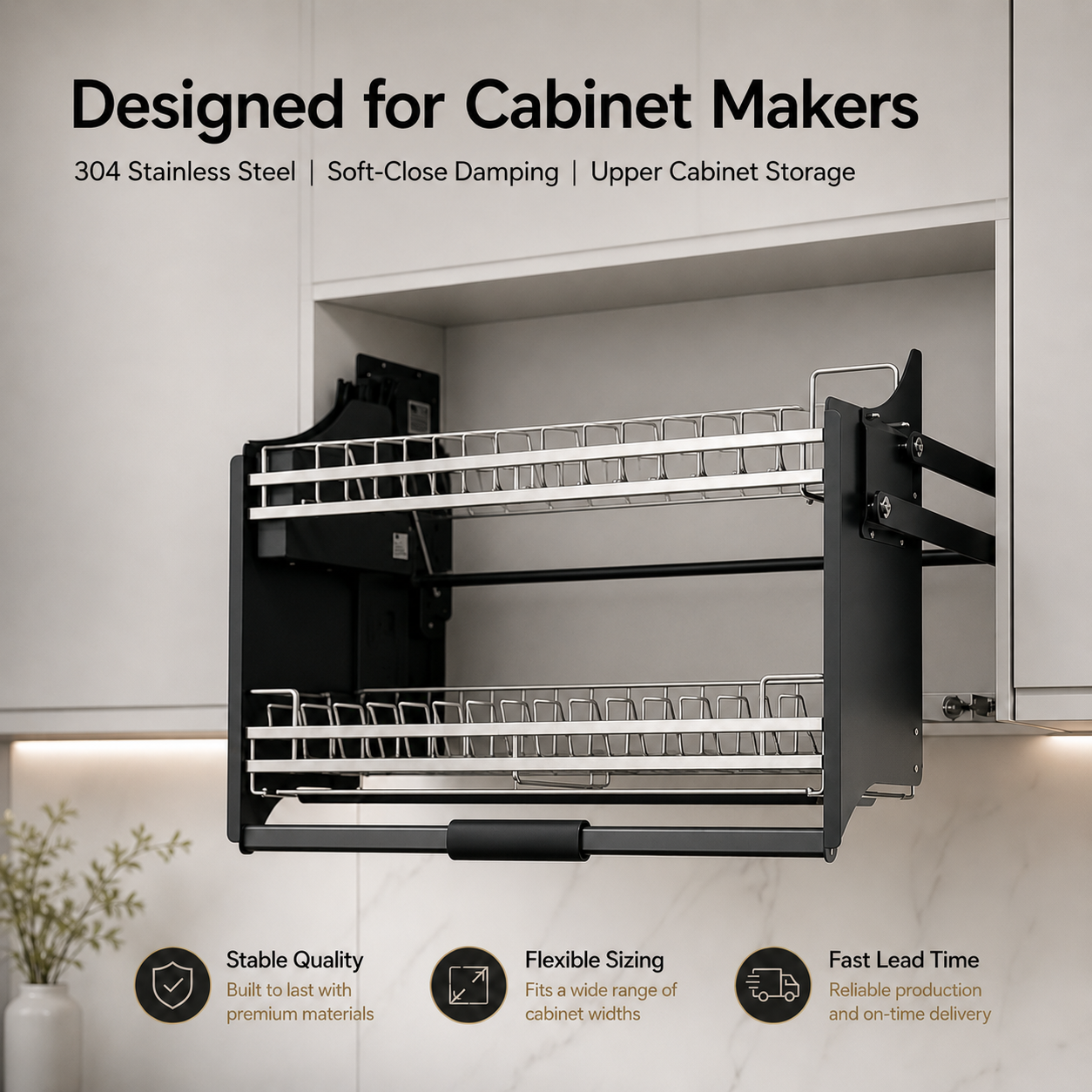 304Stainless Steel Kitchen Lift System Pull Down Basket For Upper Cabinet Space Saving Dish Drying Rack Pantry Storage Organizer