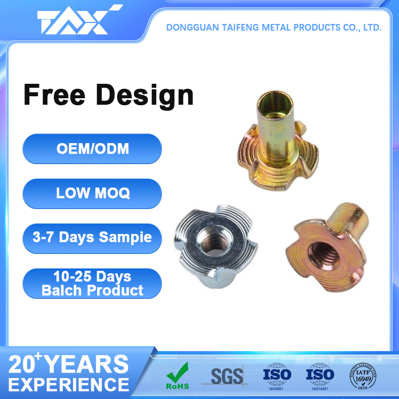 M3 M4 M6 M8 M10 Galvanized Furniture Pre Embedded Four Claw Nut Stainless Steel Wooden Board Inlaid Nut Tee Nuts with Pronge