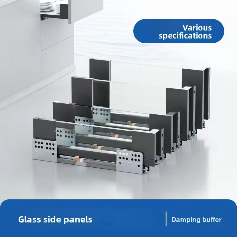 Custom Size Transparent Glass Sided Slim Double Wall Steel Contemporary Heavy Duty Soft Closing Kitchen Drawer System Adjustable