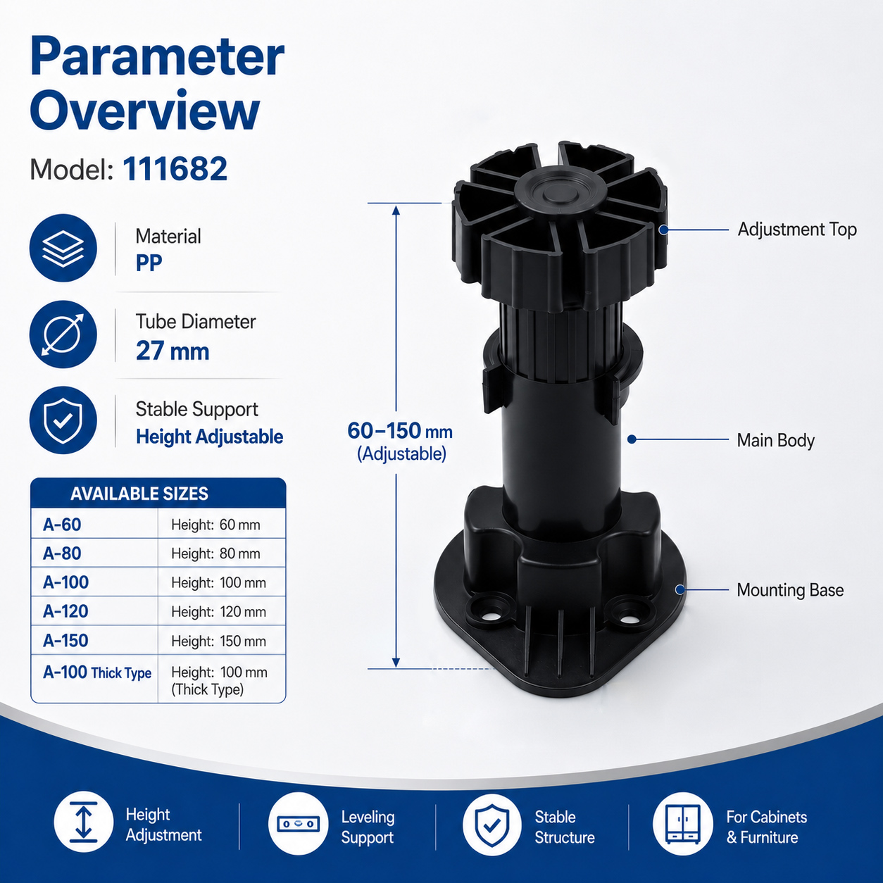 RUNNYWATER 80/100/120/150mm Anti-Slip Thickened Plastic Adjustable Furniture Legs For Table/Desk And Cabinet Feet