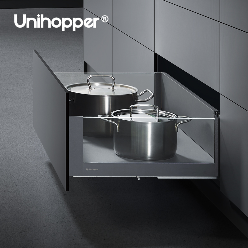 Unihopper Double Wall Drawer System Heavy Duty Matel Soft Closing Drawer Box Slide With LED Glass Panel Rolling Drawers