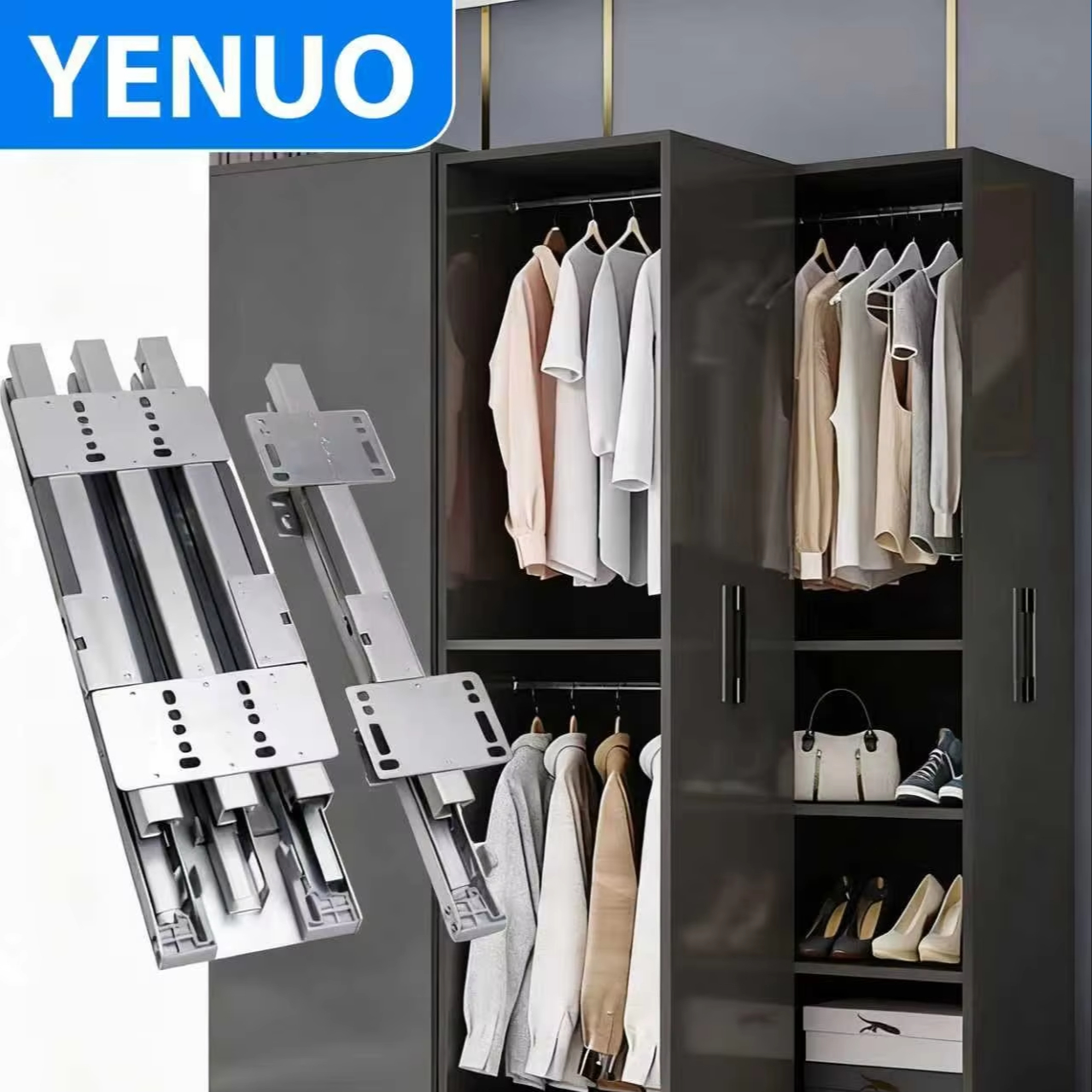 Heavy Duty Full Extension Top And Bottom Slide Rails With Damping Buffer For Tall Wardrobe And Cabinet Pull Out Basket
