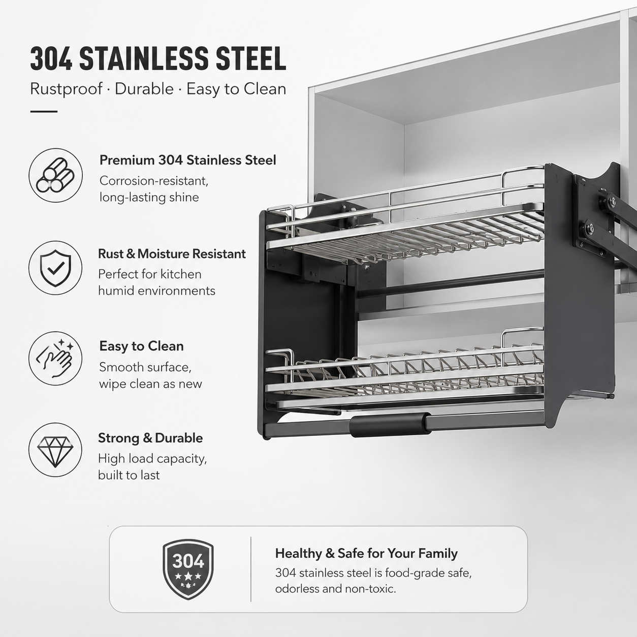 304Stainless Steel Kitchen Lift System Pull Down Basket For Upper Cabinet Space Saving Dish Drying Rack Pantry Storage Organizer