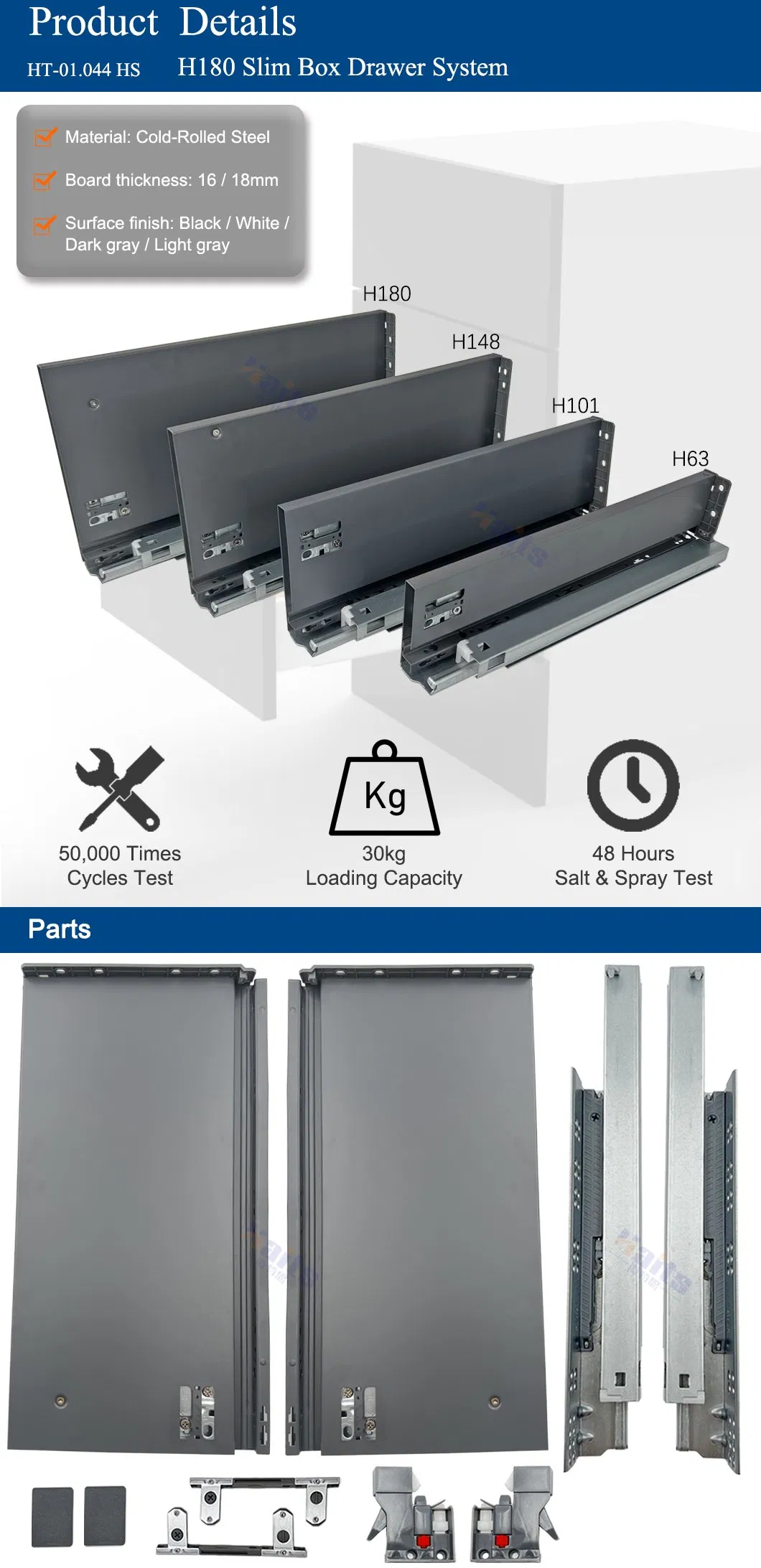 Height 180mm Soft Close Metal Box Drawer System for Kitchen Cabinet Furniture