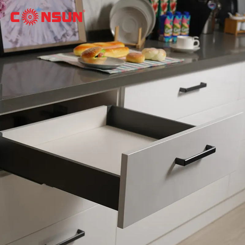 Consun Furniture Hardware Accessories Thin Type Full Extension Metal Drawer Box Soft Close Drawer Slide Slim Box Drawer System for Kitchen Cabinet