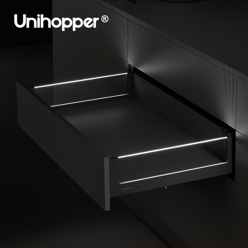 Unihopper Double Wall Drawer System Heavy Duty Matel Soft Closing Drawer Box Slide With LED Glass Panel Rolling Drawers