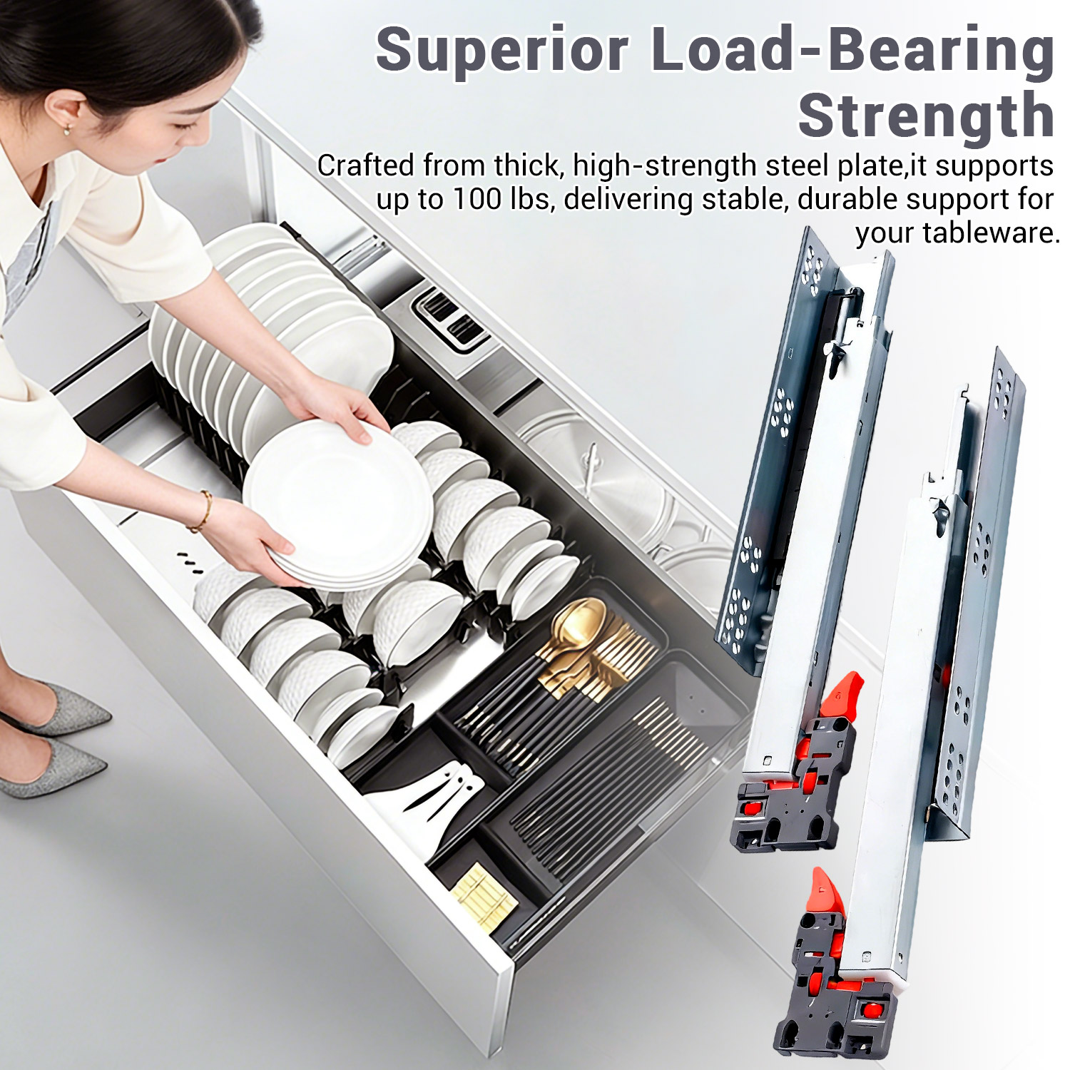45mm Hidden Soft-Closing Telescopic Slide Rail - 3-Fold Cold-Rolled Steel with 1D Handle
