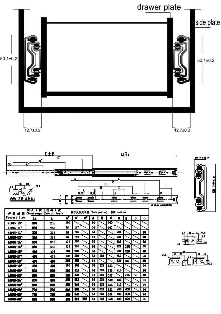 Heavy Duty Furniture Hardware Fittings Full Extension Ball Bearing 3 Fold Telescopic Channel Drawer Slides