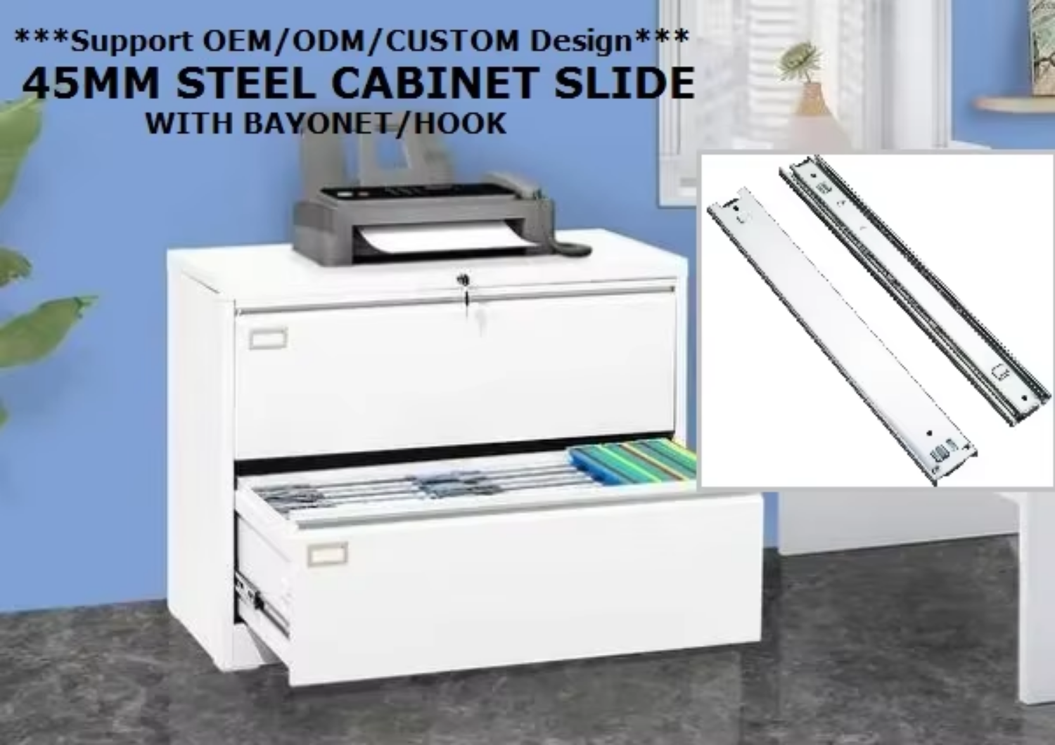 Steel Cabinet 45mm 100lbs Heavy Duty Full Extension Ball Bearing Drawer Slide with Bayonet for Office/Hotel Apartment