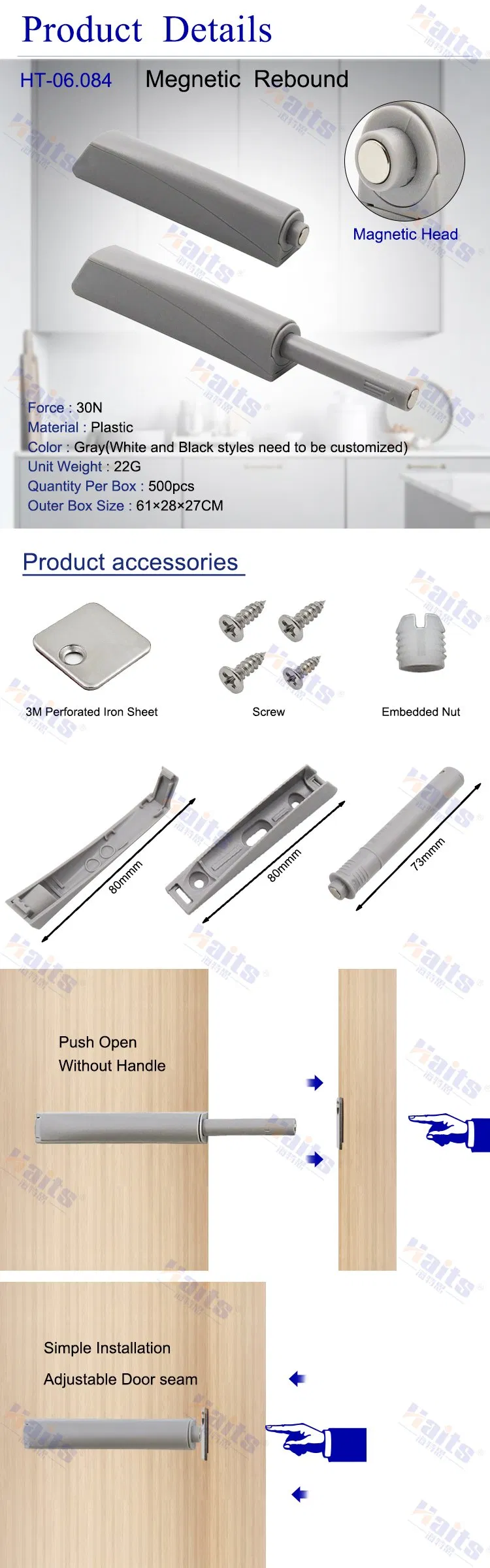 Handleless Furniture Opening System Rebounder for Modern Kitchen Cabinet Doors