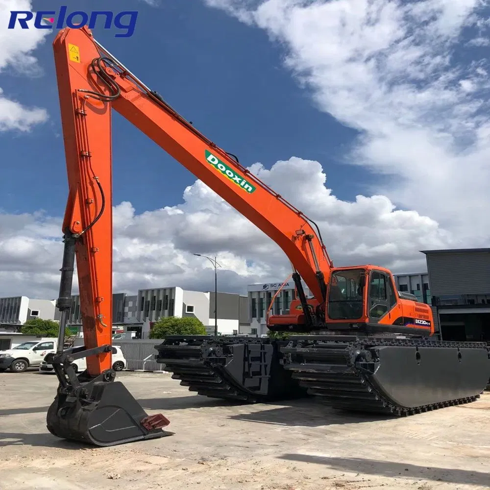 Wetland River Pond Dredging Mini or Large Swamp Buggy Marsh Floating Excavator Amphibious Excavator with Undercarriage Floating Pontoon and Long Reach Boom