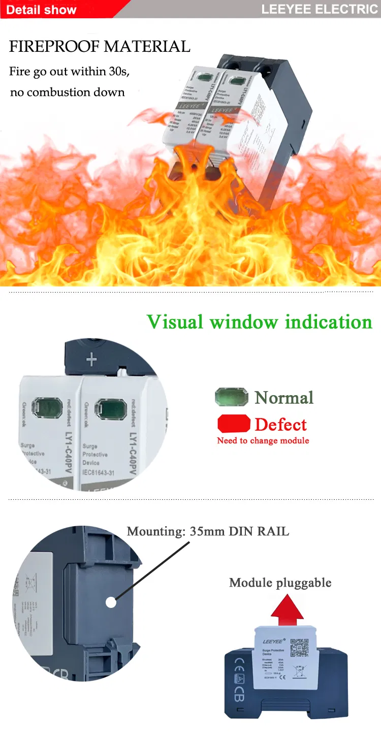 2p 3p 40ka 1000V Dispositivo de Protección contra Sobretensiones DC Solar SPD para Protección contra Rayos