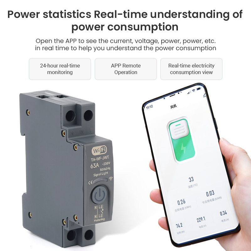 Interruptor Automático Inteligente WiFi Tuya MCB 63A 1p+N con Monitoreo de Energía en Tiempo Real Kwh y Control Remoto por APP