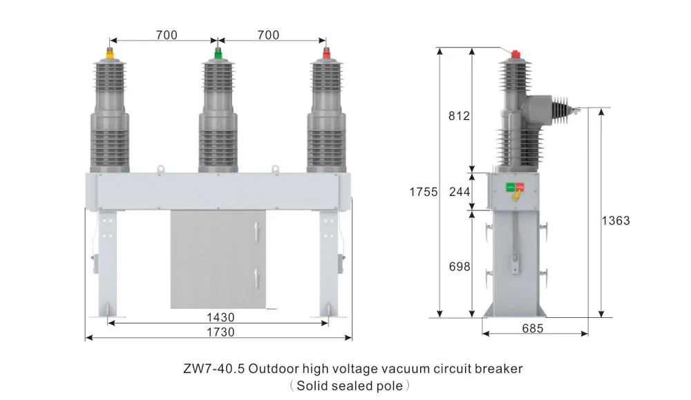 Aspecto y dimensiones de instalación del disyuntor de vacío ZW7-40.5
