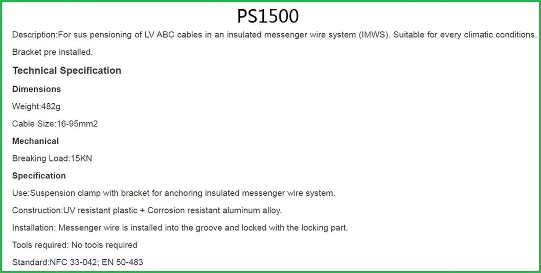 Serie Es/PS 1kv 25-95mm² Abrazadera de suspensión fija de cable aéreo