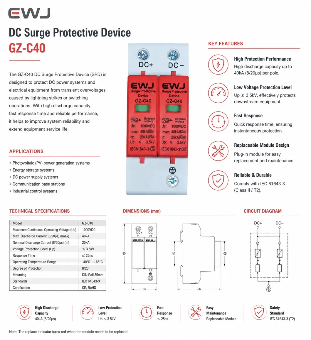 Sistema Solar Certificado CE T2 10-20ka 230V Protector de Sobretensión de CA 1p+N Dispositivo de Pararrayos de Baja Tensión Protección contra Rayos