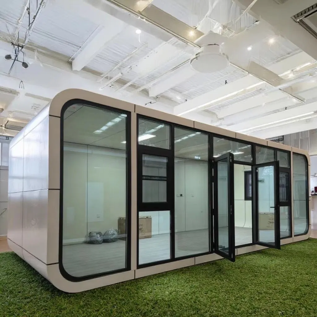 Casa prefabricada aislada del sonido para exteriores, casa prefabricada pequeña y móvil, pod de oficina móvil de vidrio aislado