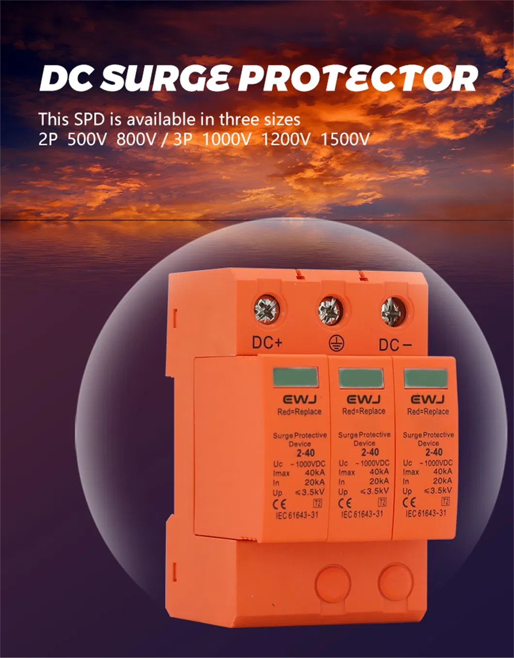 Sistema Solar Certificado CE T2 10-20ka 230V Protector de Sobretensión de CA 1p+N Dispositivo de Pararrayos de Baja Tensión Protección contra Rayos