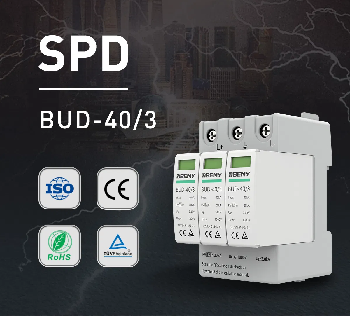 Sistema de Protección contra Rayos Beny Protector de Sobretensión T2 IEC 3p 1000V 40ka Dispositivo de Protección contra Sobretensiones DC PV con 5 Años de Garantía