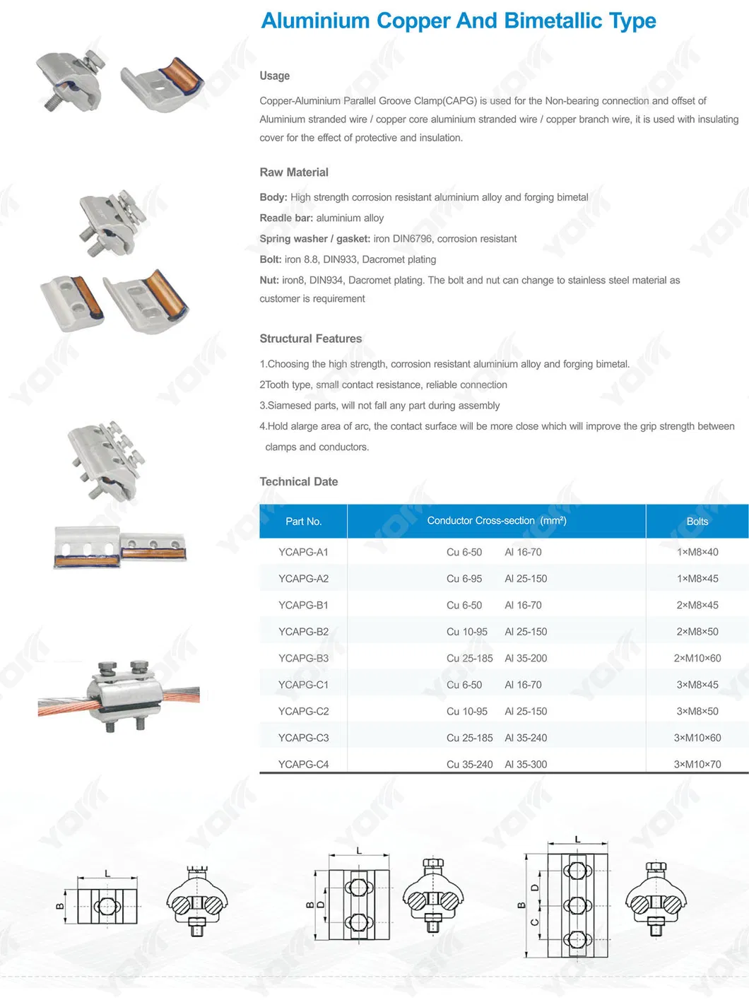 Abrazadera de ranura paralela bimetálica tipo tornillos ajustables de cobre y aluminio (YCAPG)