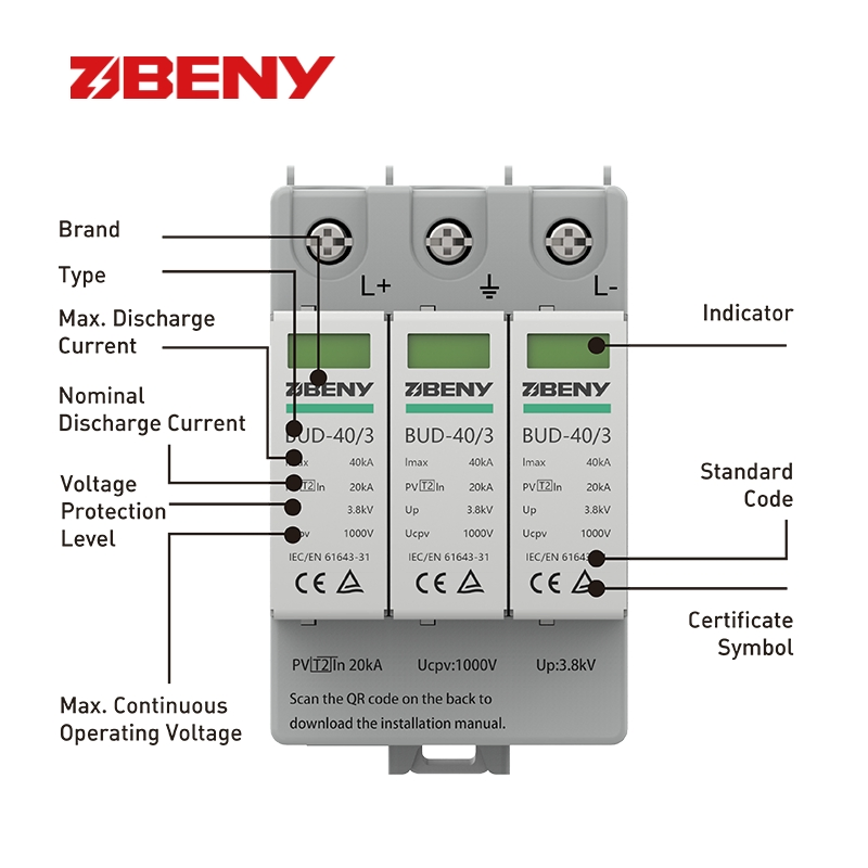 Sistema de Protección contra Rayos Beny Protector de Sobretensión T2 IEC 3p 1000V 40ka Dispositivo de Protección contra Sobretensiones DC PV con 5 Años de Garantía