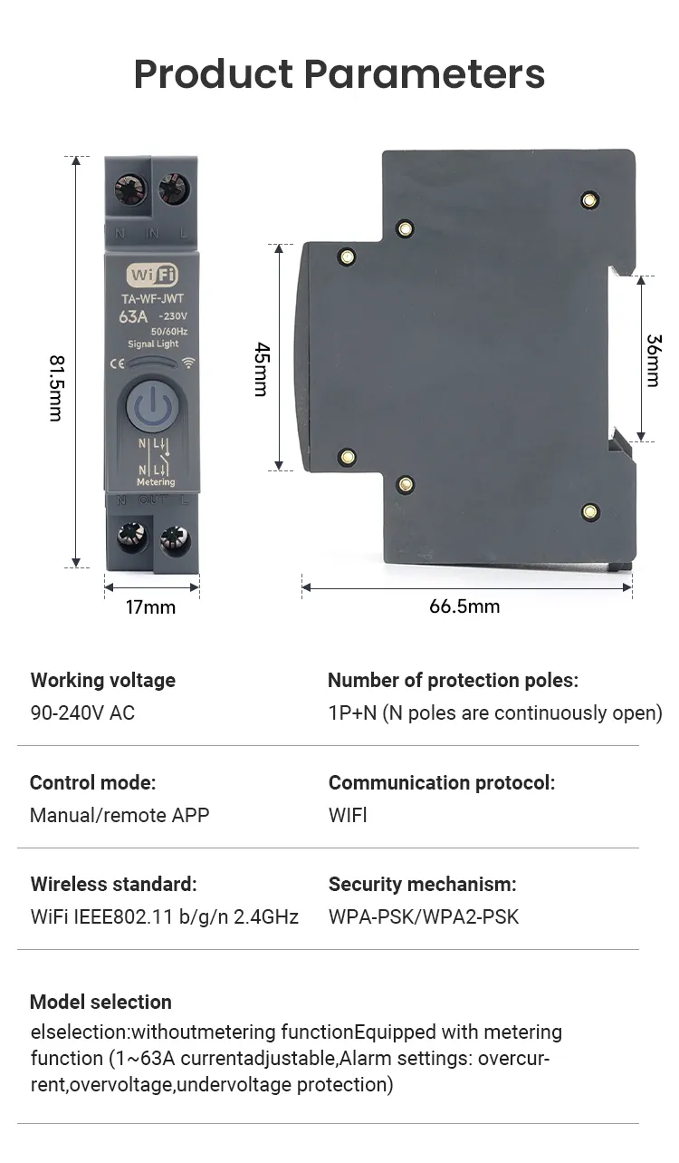 Interruptor Automático Inteligente WiFi Tuya MCB 63A 1p+N con Monitoreo de Energía en Tiempo Real Kwh y Control Remoto por APP