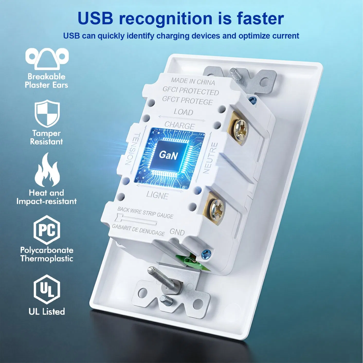 Receptáculos de cargador USB de pared montados, enchufe eléctrico para proyecto de construcción