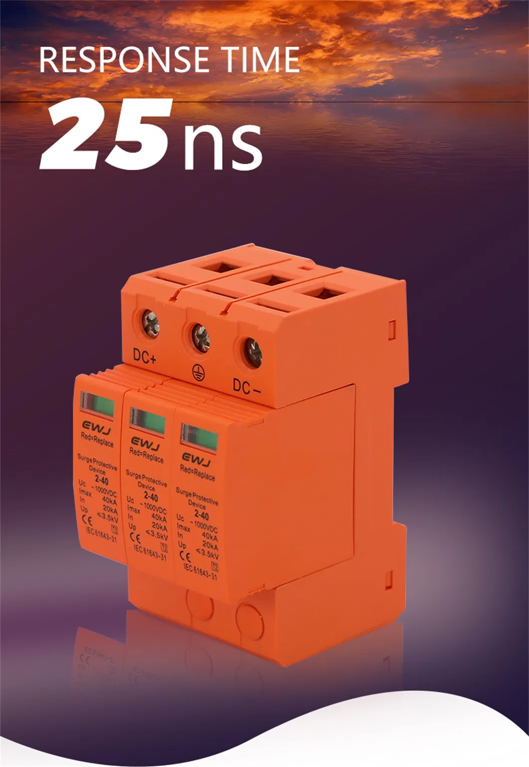 Sistema Solar Certificado CE T2 10-20ka 230V Protector de Sobretensión de CA 1p+N Dispositivo de Pararrayos de Baja Tensión Protección contra Rayos