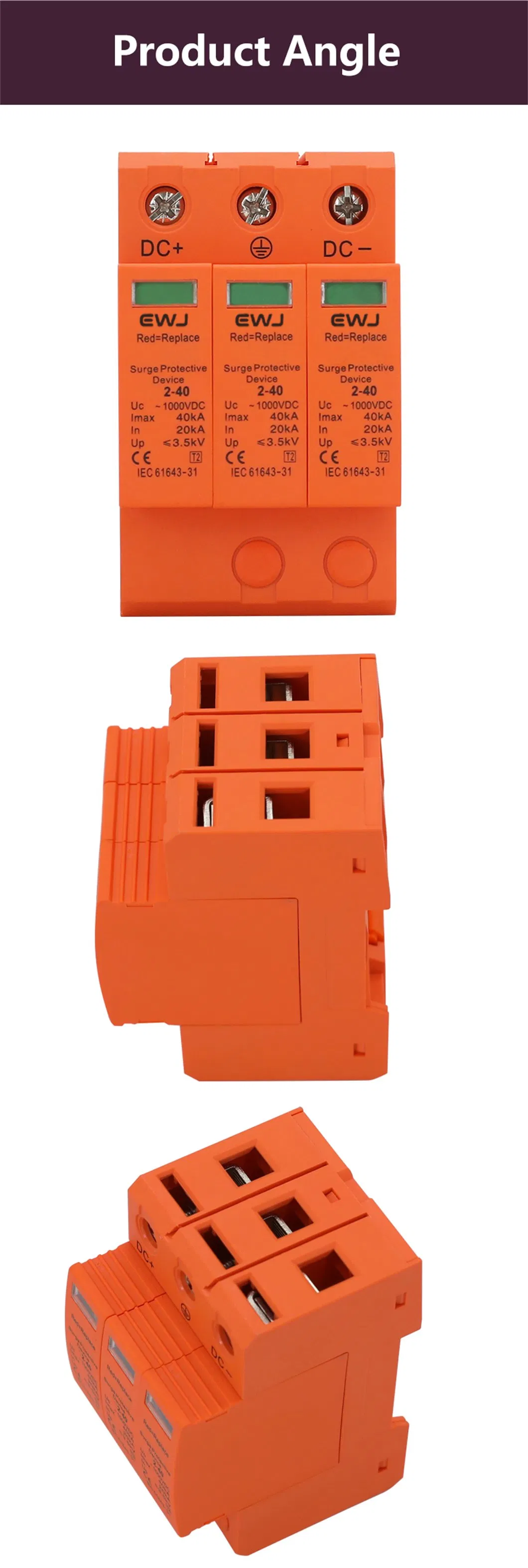 Sistema Solar Certificado CE T2 10-20ka 230V Protector de Sobretensión de CA 1p+N Dispositivo de Pararrayos de Baja Tensión Protección contra Rayos
