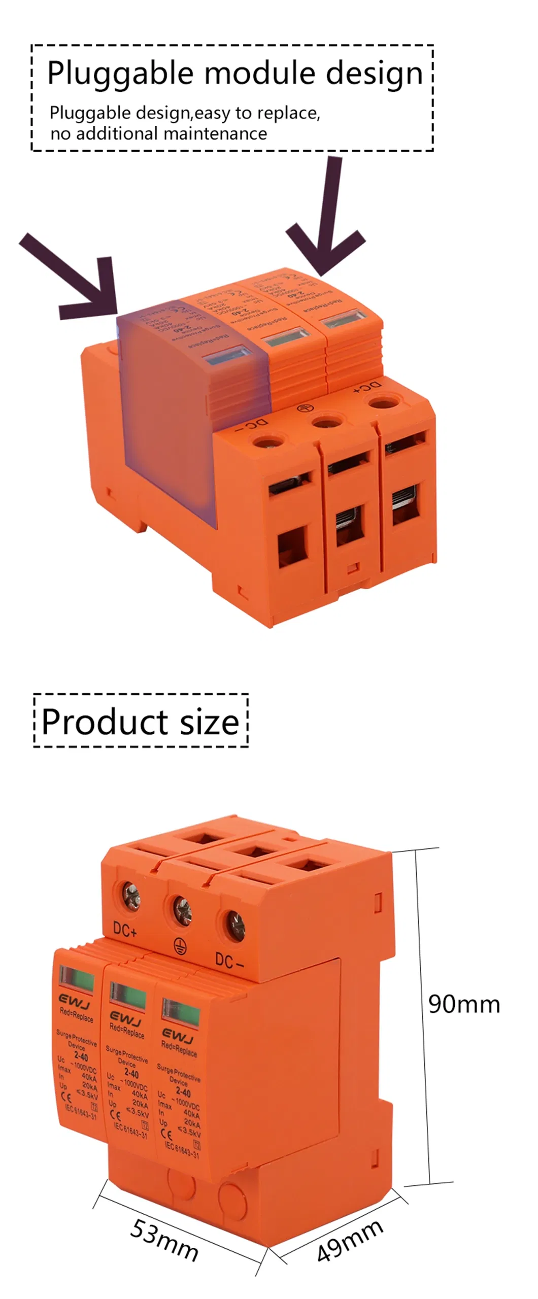 Sistema Solar Certificado CE T2 10-20ka 230V Protector de Sobretensión de CA 1p+N Dispositivo de Pararrayos de Baja Tensión Protección contra Rayos