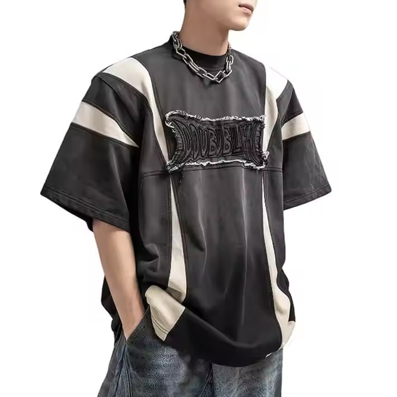 Custom Embroidery Patches Logo Streetwear Vintage Cotton T-Shirt Hip Hop Printing Graphic Heavyweight Oversized Men's T-Shirts