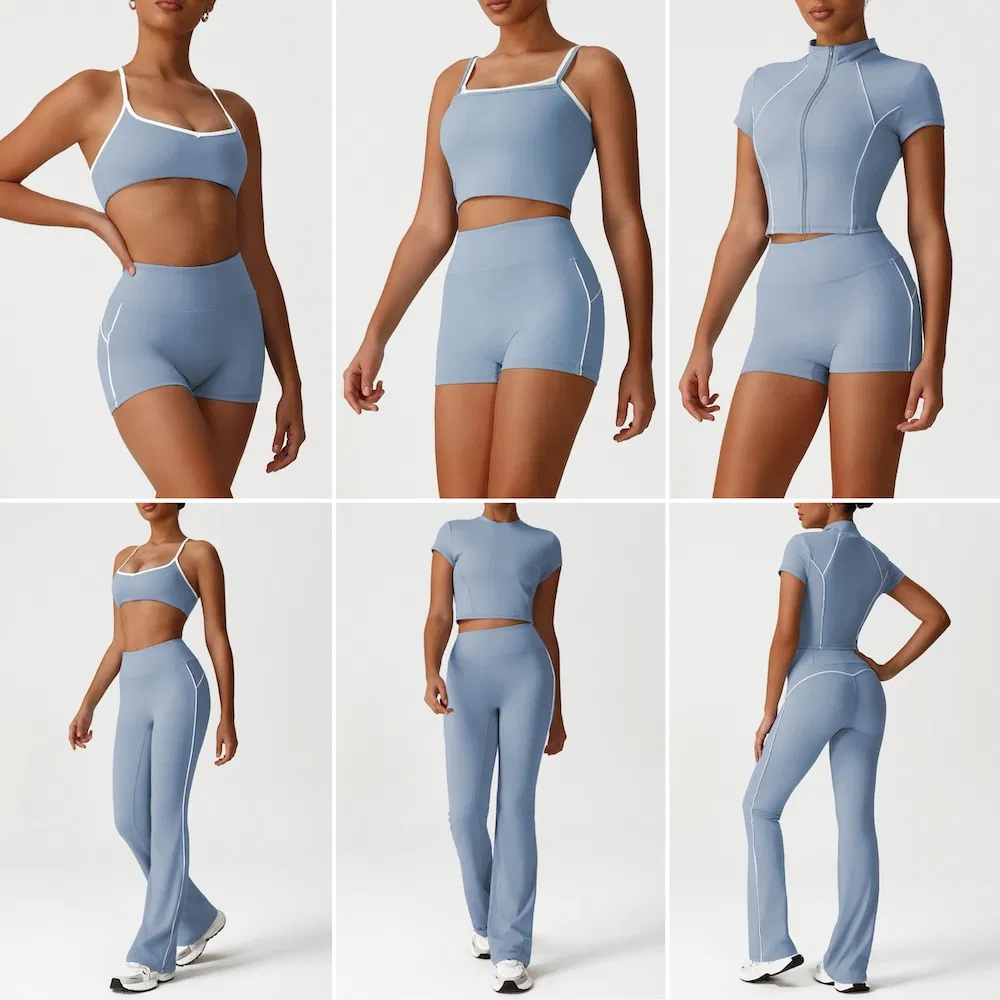 Wholesale 6PCS New Color-Block Athletic Clothes Set for Woman, Fashionable Fitness Top + High Waisted Gym Shorts + Hip Lifting Flare Yoga Pants Sportswear