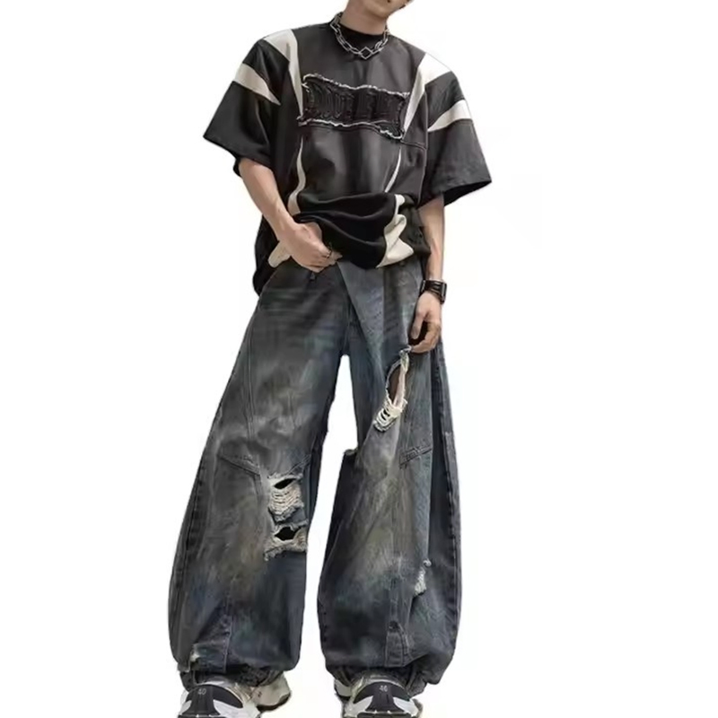 Custom Embroidery Patches Logo Streetwear Vintage Cotton T-Shirt Hip Hop Printing Graphic Heavyweight Oversized Men's T-Shirts