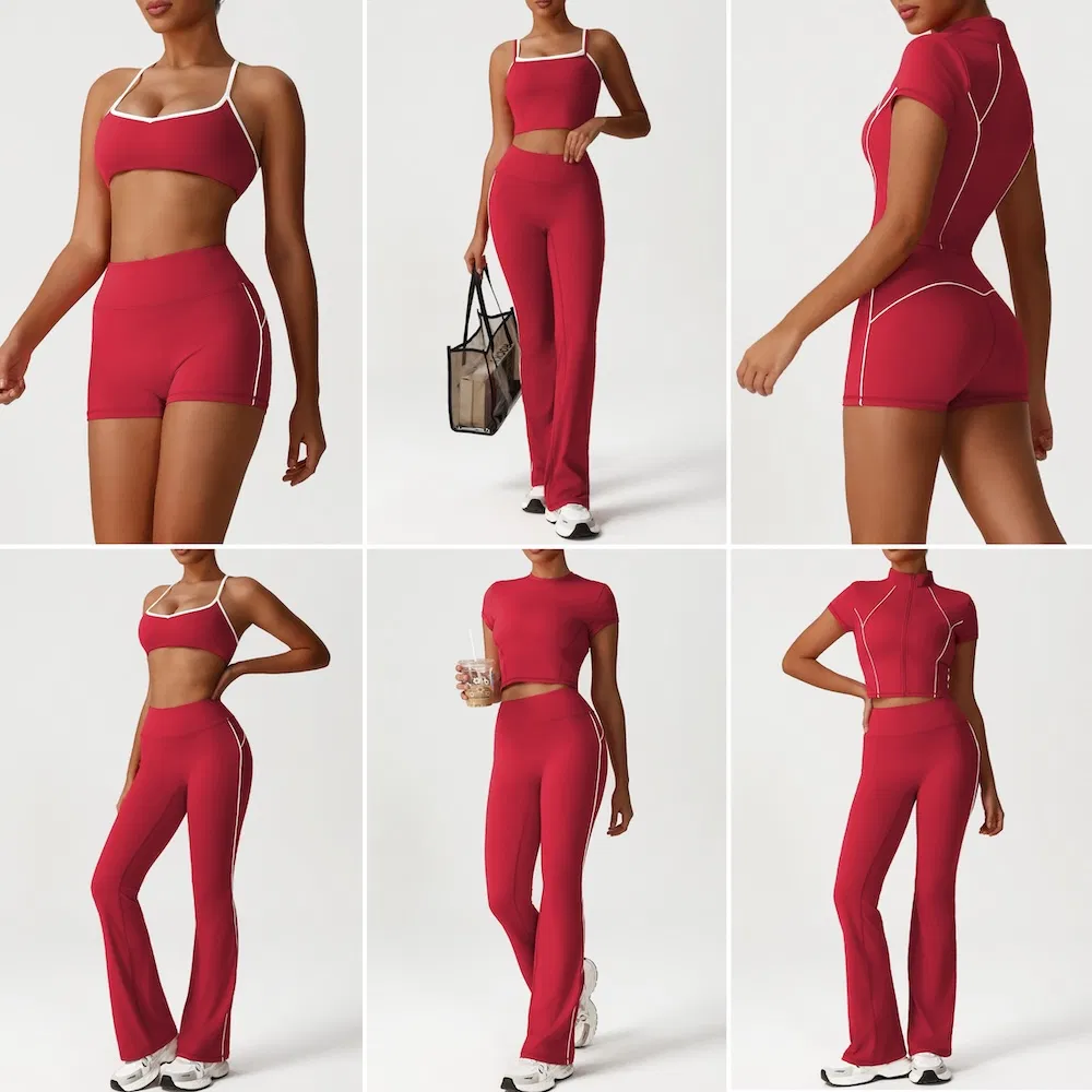 Wholesale 6PCS New Color-Block Athletic Clothes Set for Woman, Fashionable Fitness Top + High Waisted Gym Shorts + Hip Lifting Flare Yoga Pants Sportswear