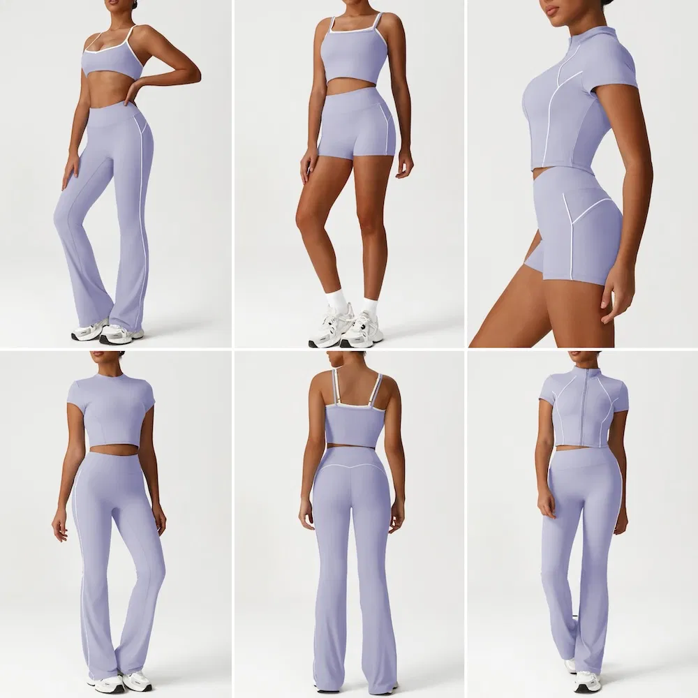 Wholesale 6PCS New Color-Block Athletic Clothes Set for Woman, Fashionable Fitness Top + High Waisted Gym Shorts + Hip Lifting Flare Yoga Pants Sportswear