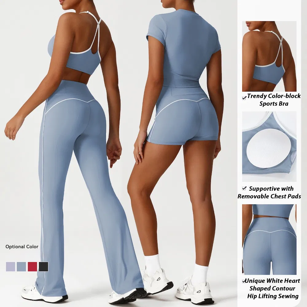 Wholesale 6PCS New Color-Block Athletic Clothes Set for Woman, Fashionable Fitness Top + High Waisted Gym Shorts + Hip Lifting Flare Yoga Pants Sportswear