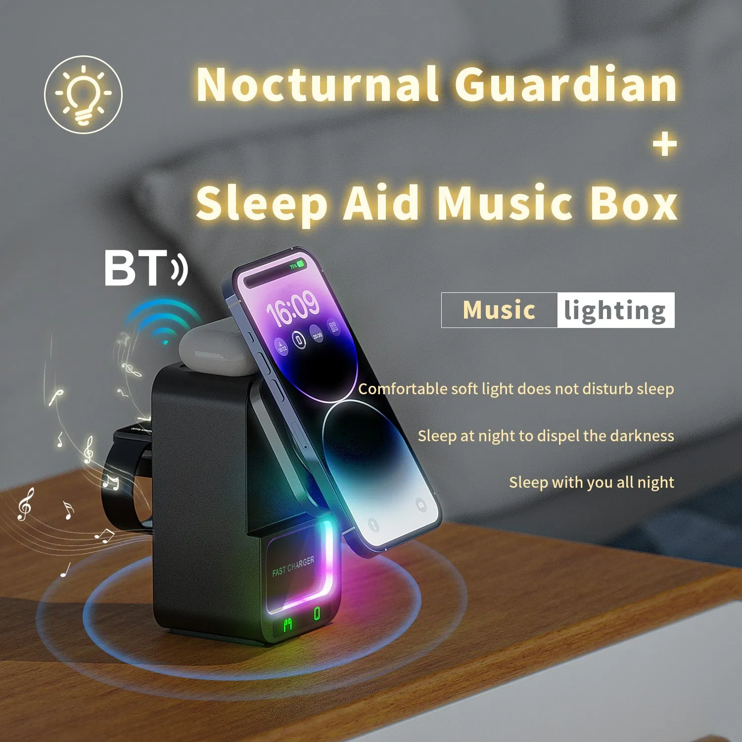 Dh19 5 in 1 Bluetooth-Compatible Speaker Multi-Function Wireless Charger Dock for Watch / Mobile Phone / Tws Earbuds