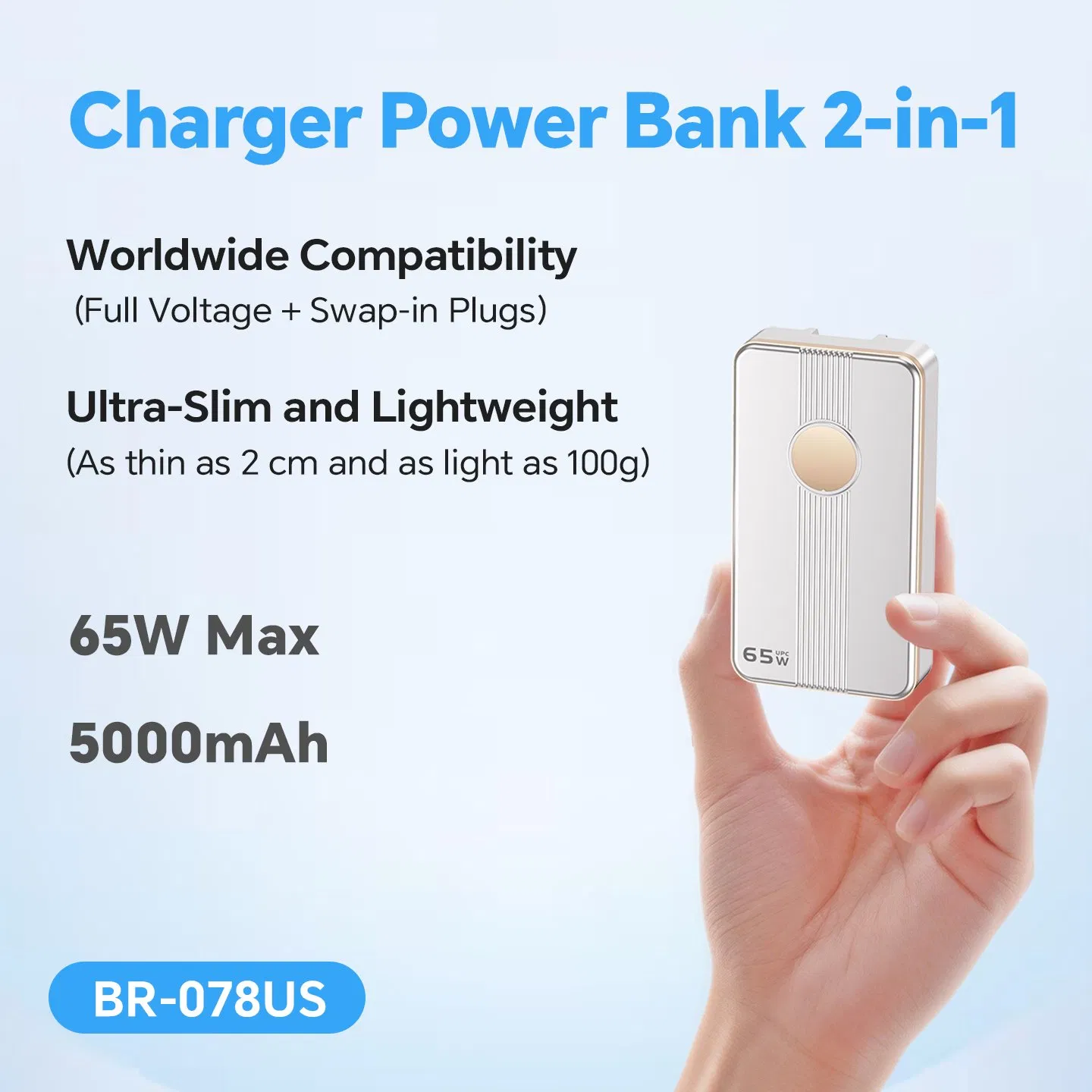 65W GaN Uninterruptible Power Charger Pd Pocket Portable Power Bank 5000mAh with Wall Plug Fast Charging for Phones Laptops Business Travel and Gifts, Black