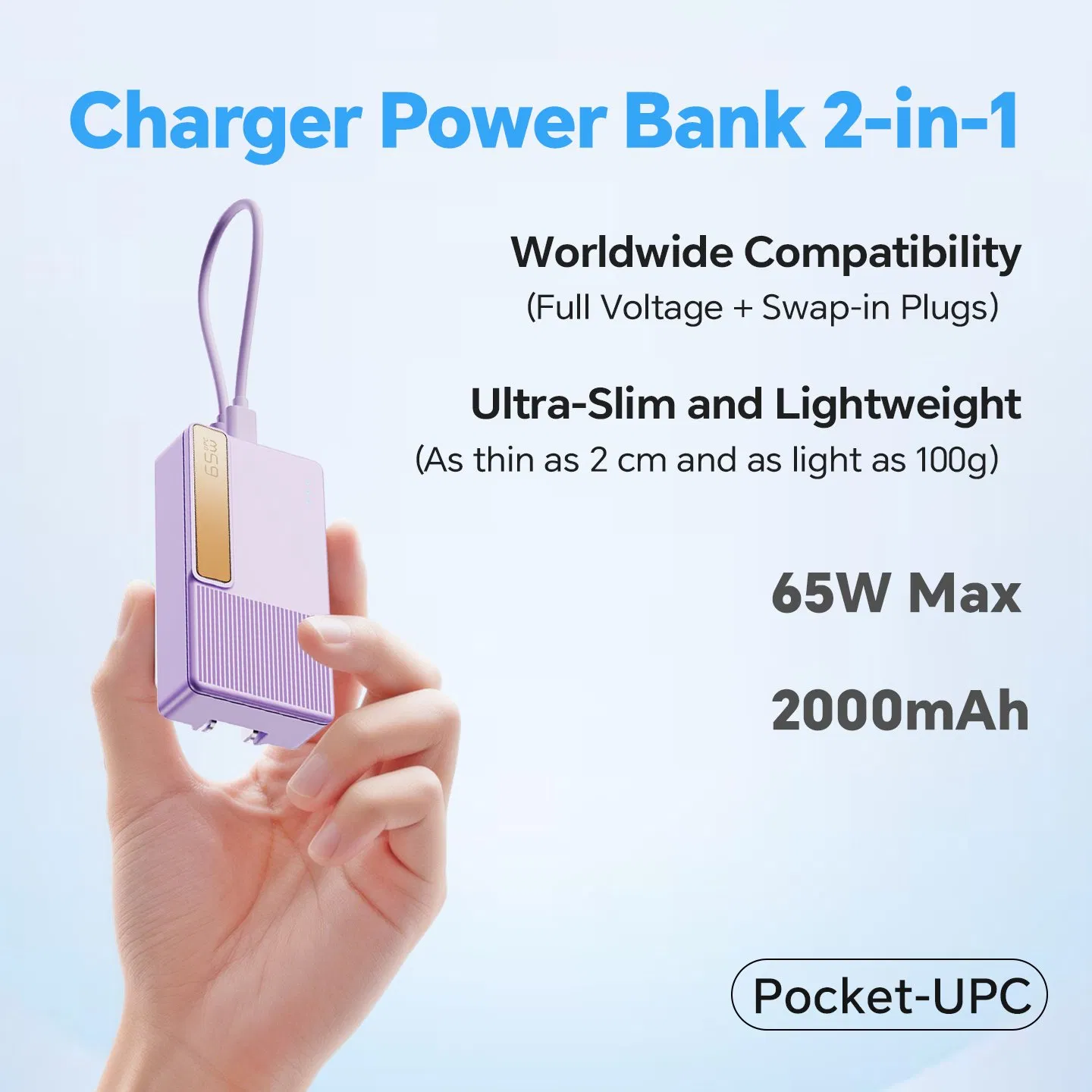 65W GaN Uninterruptible Power Charger Pd Fast Charging Power Bank 2000mAh with Wall Plug for Tablets