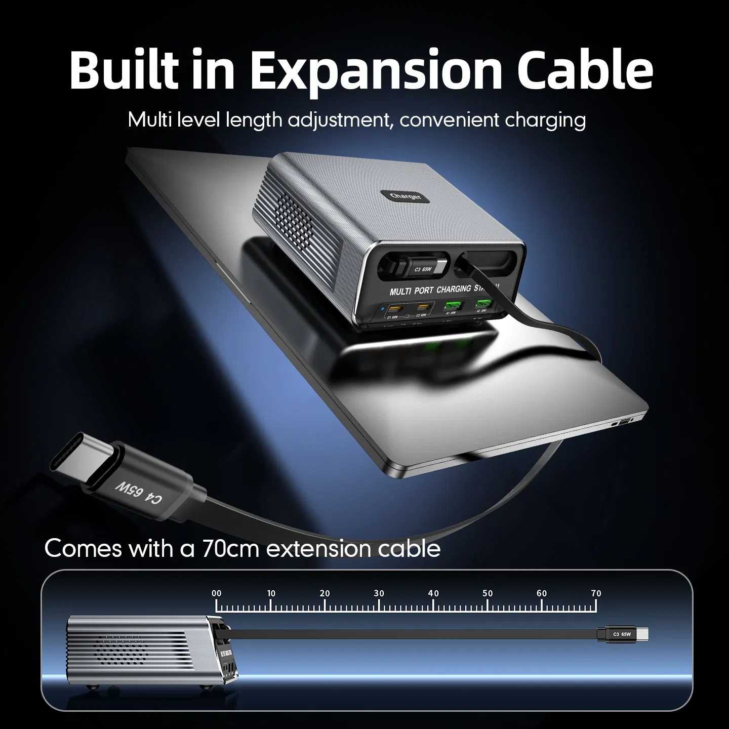 Wlx-60c Multi Port GaN Desktop Charging Station with 2 USB-C Retractable Cables Pd 65W Fast Charger for Tablets / Phones / Laptops with Us Plug