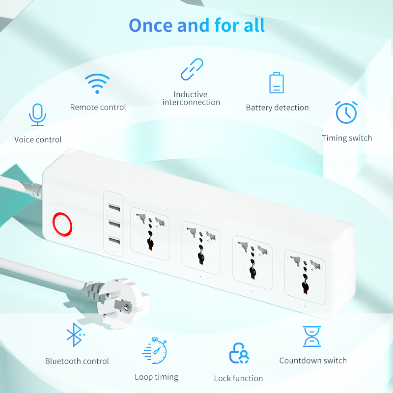 Tuya WiFi Universal Standard 10A Extension Socket Smart Power Strip Home Surge Protector 4 AC Outlets 3 USB Ports Power Strip