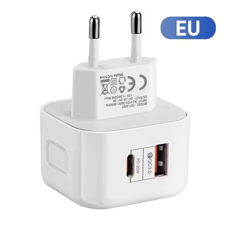 Us EU UK Plug Pd 20W QC3.0 USB C Quick Charge Fast Travel Charger Adapter Block for Mobile Phone 17/16/15/14/13 PRO Max