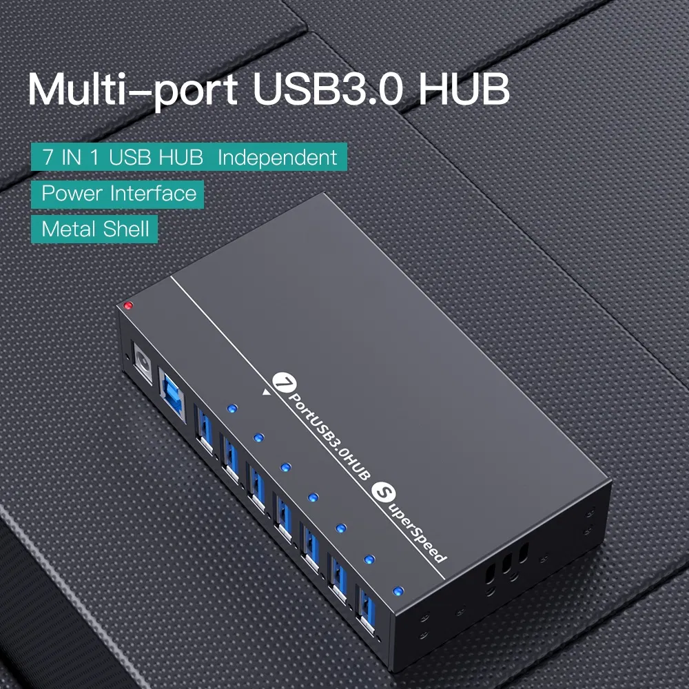 Custom Industrial High-Speed 7-Port USB 3.0 Hub with 12V 3A DC Adapter