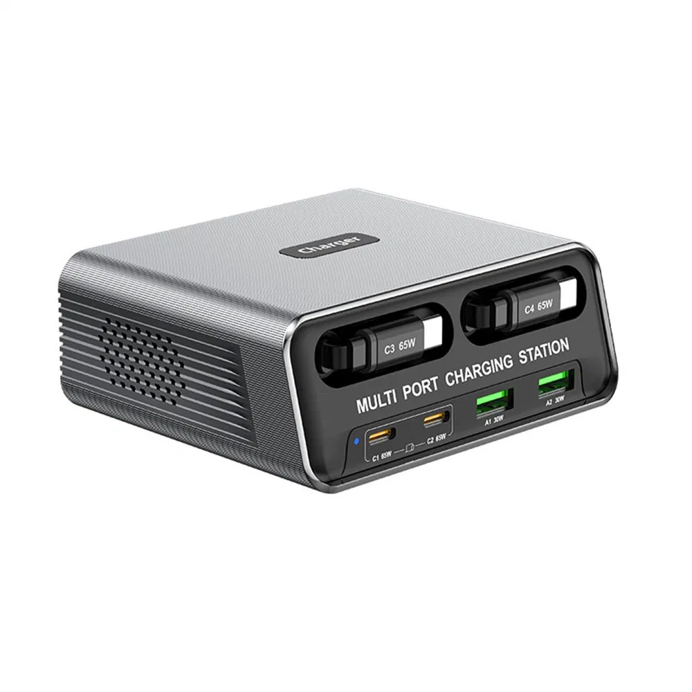 Wlx-60c Multi Port GaN Desktop Charging Station with 2 USB-C Retractable Cables Pd 65W Fast Charger for Tablets / Phones / Laptops with Us Plug