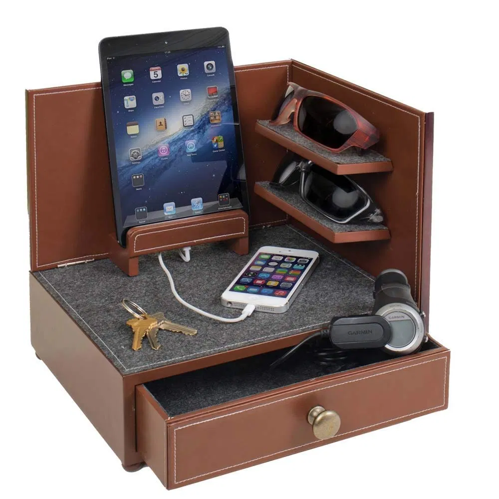 Desktop Organizer Sunglasses and Mobile Phone Holder Leather Charging Station