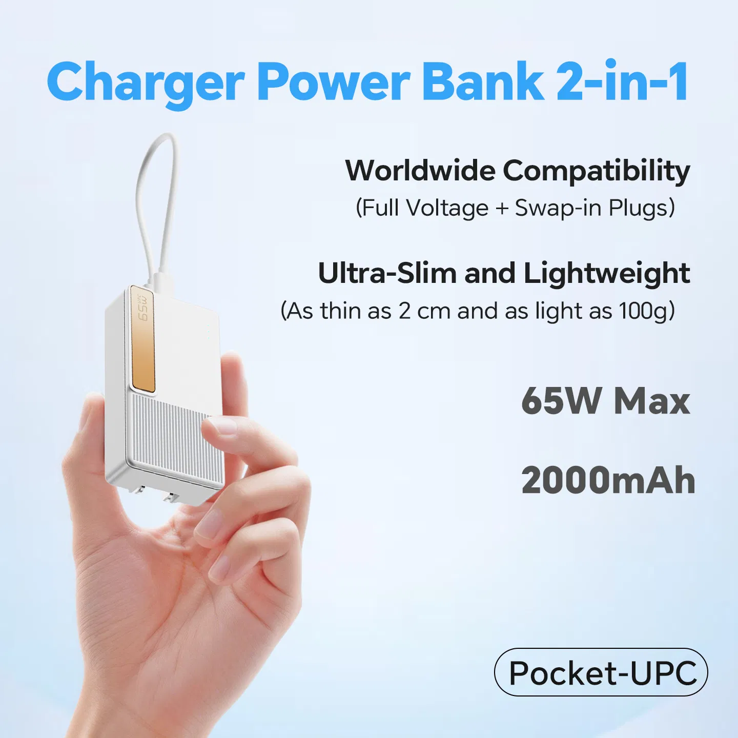 65W GaN Uninterruptible Power Charger Pd Fast Charging Power Bank 2000mAh with Wall Plug for Tablets