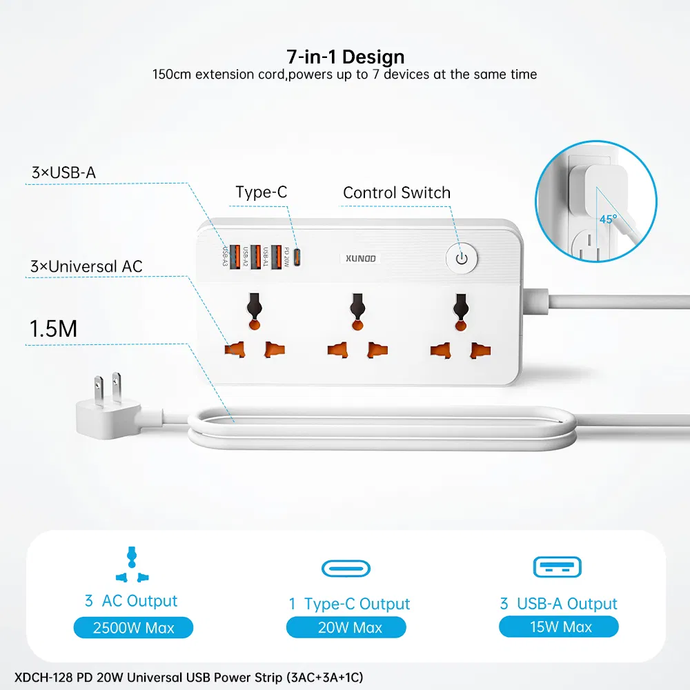Xundd Xdch-128 7-in-1 Pd 20W USB Power Strip, 3 AC + 3 USB-a + 1 USB-C -Us Plug