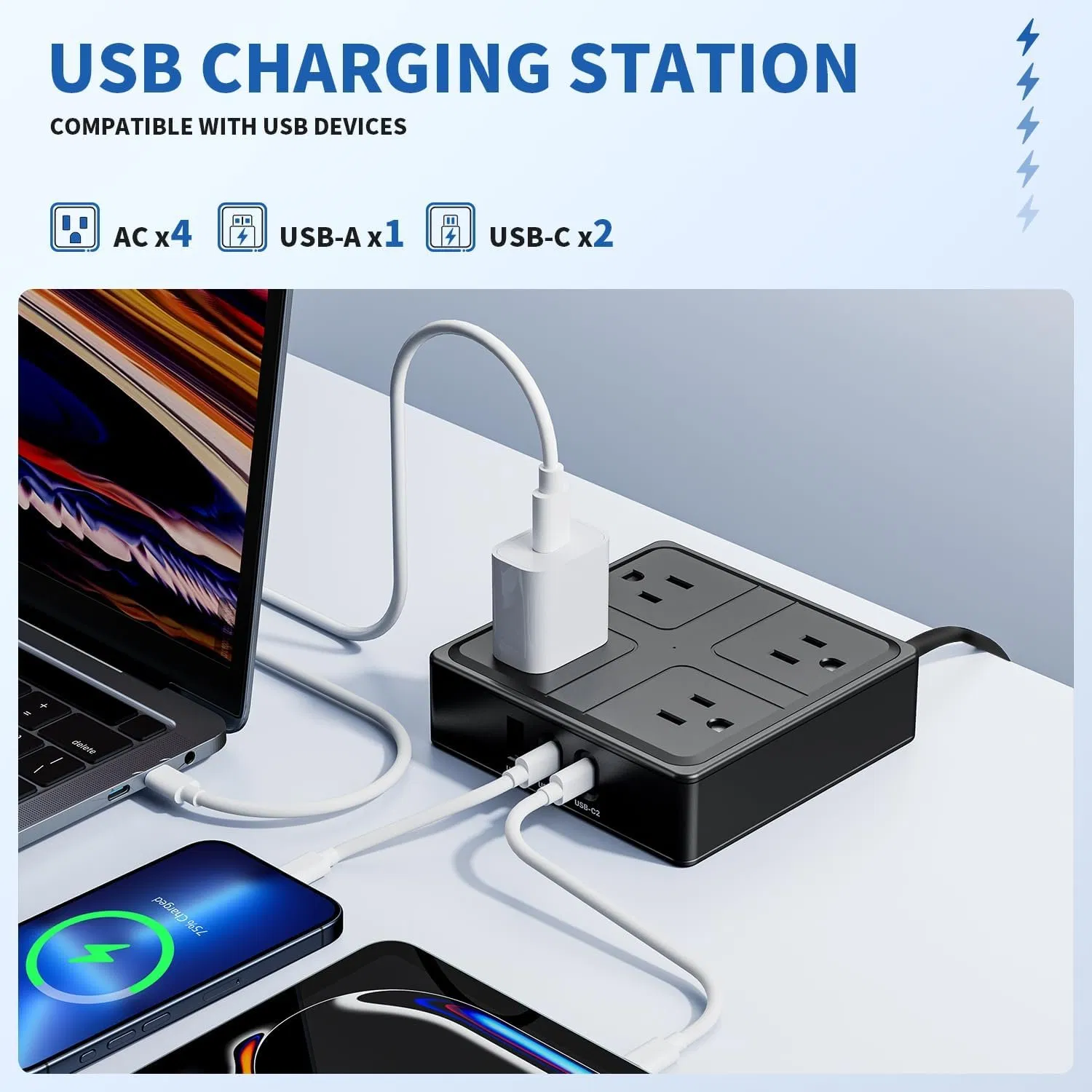 4 Outlet 4 USB Power Strip with Surge Protector 6/10/15FT Extension Cord Multi Plug for Home/Office